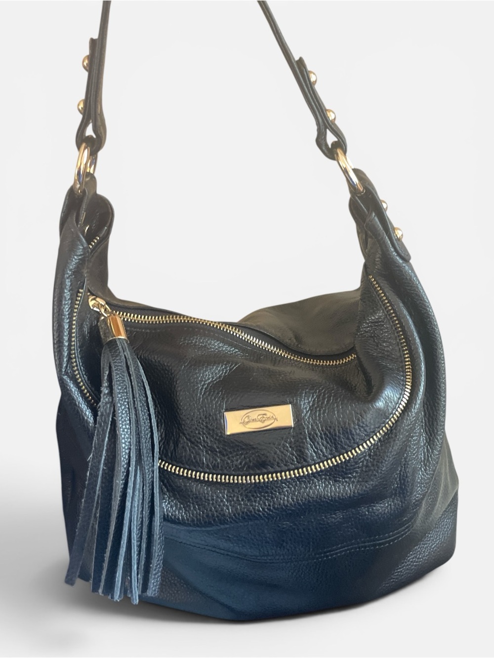 Onna Ehrlich Black Leather Hobo Bag with Tassel and Gold Hardware